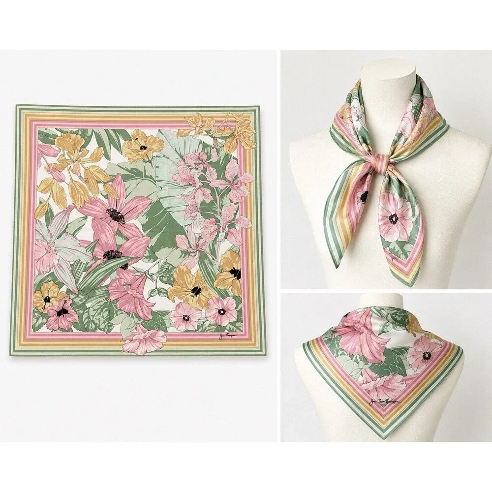 Jim Thompson Silk Floral Print Scarf Pink & Green Art To Wear Pastel EUC